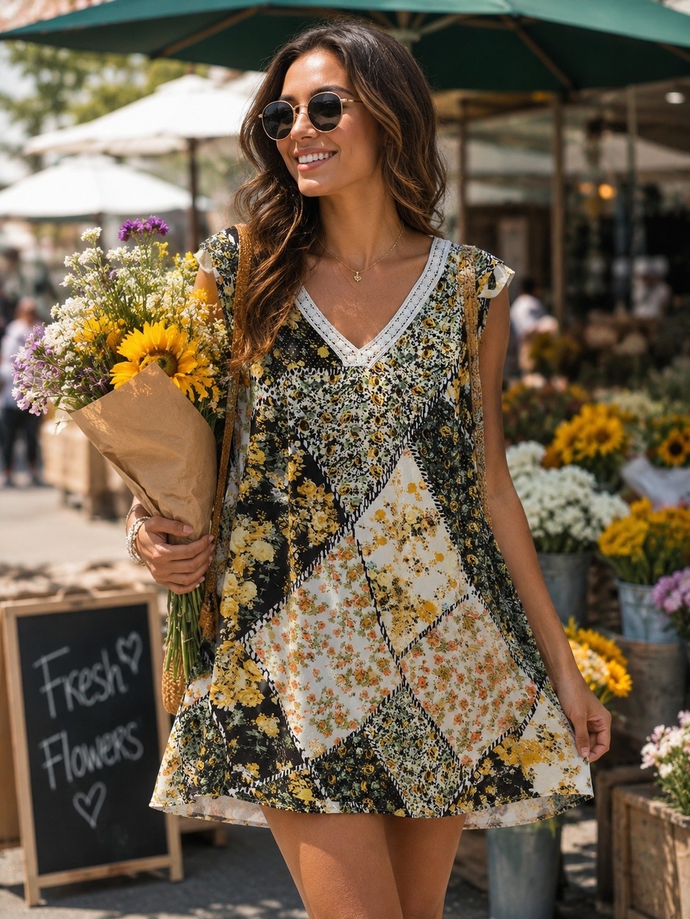 Umgee White Lace-Trim Floral Print Dress with Yellow & Black Accents